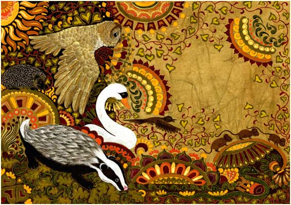 badger, swan, owl